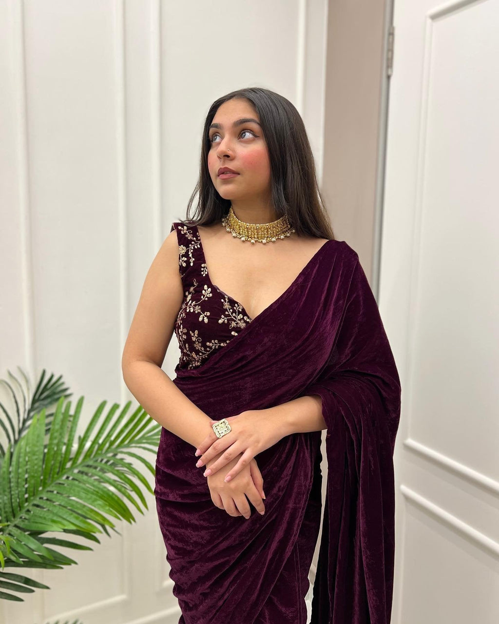 Vino Velvet Elegance: Wine-Colored Saree
