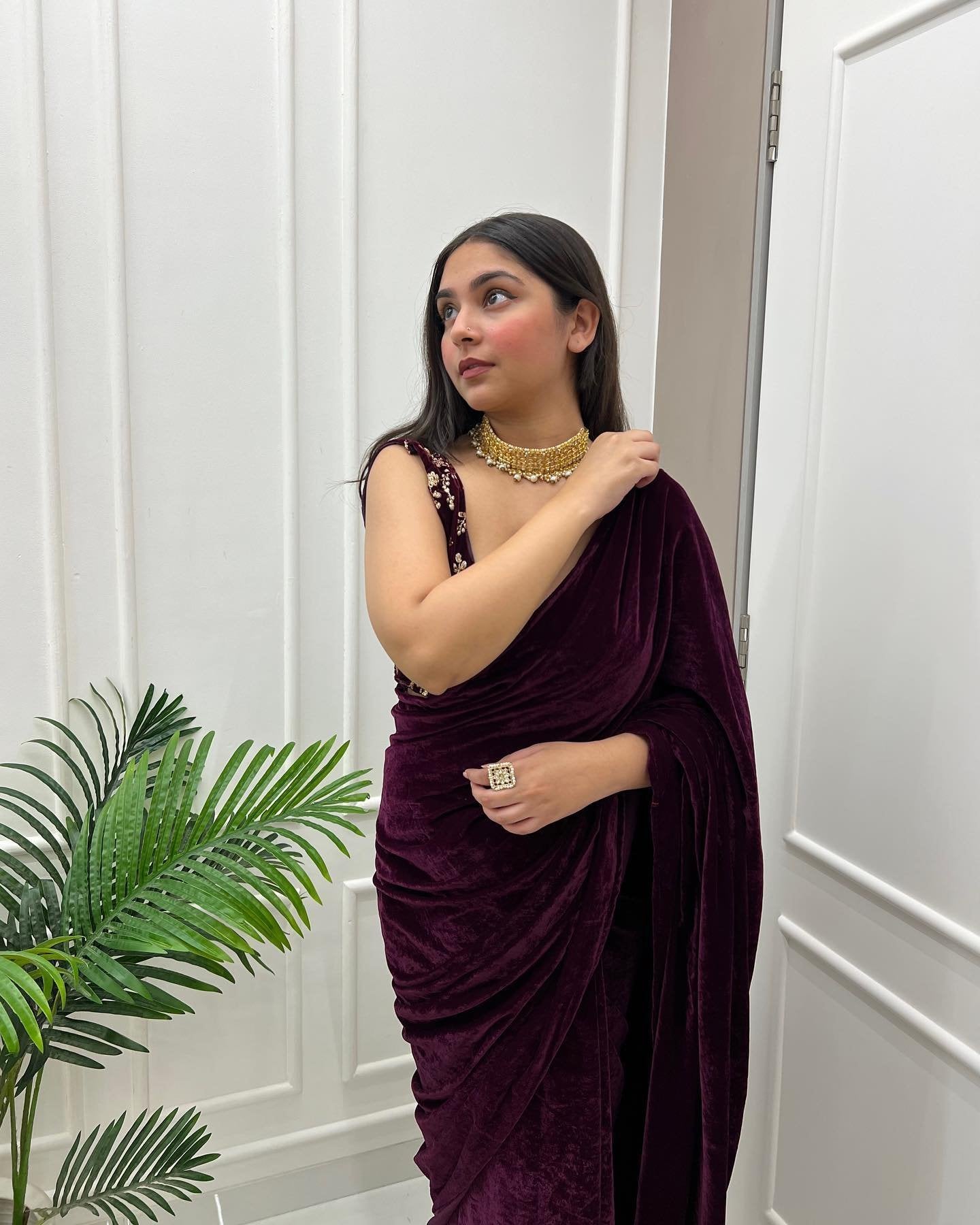 Vino Velvet Elegance: Wine-Colored Saree