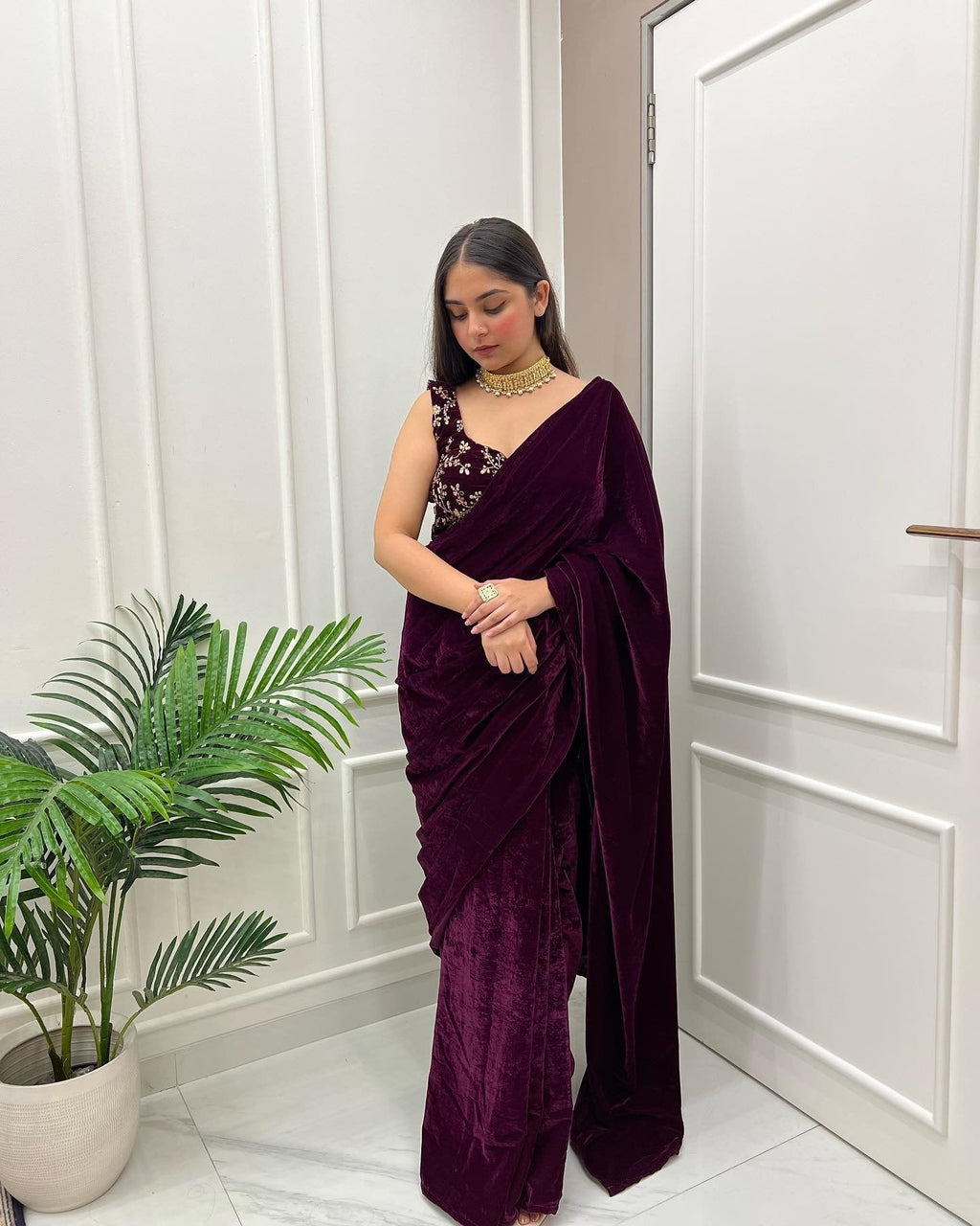 Vino Velvet Elegance: Wine-Colored Saree