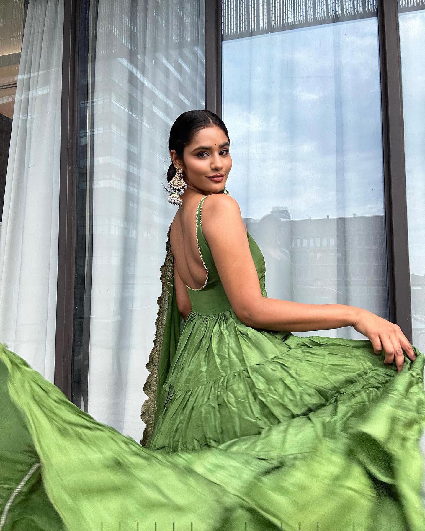 Emerald Elegance Green Anarkali Faux Georgette Ruffle Flair Gown Set