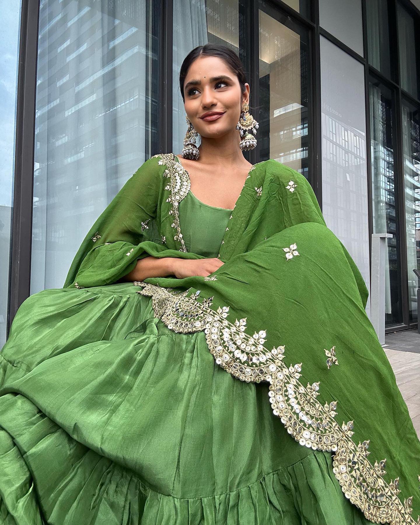 Emerald Elegance Green Anarkali Faux Georgette Ruffle Flair Gown Set