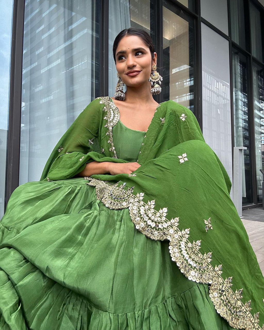 Emerald Elegance Green Anarkali Faux Georgette Ruffle Flair Gown Set