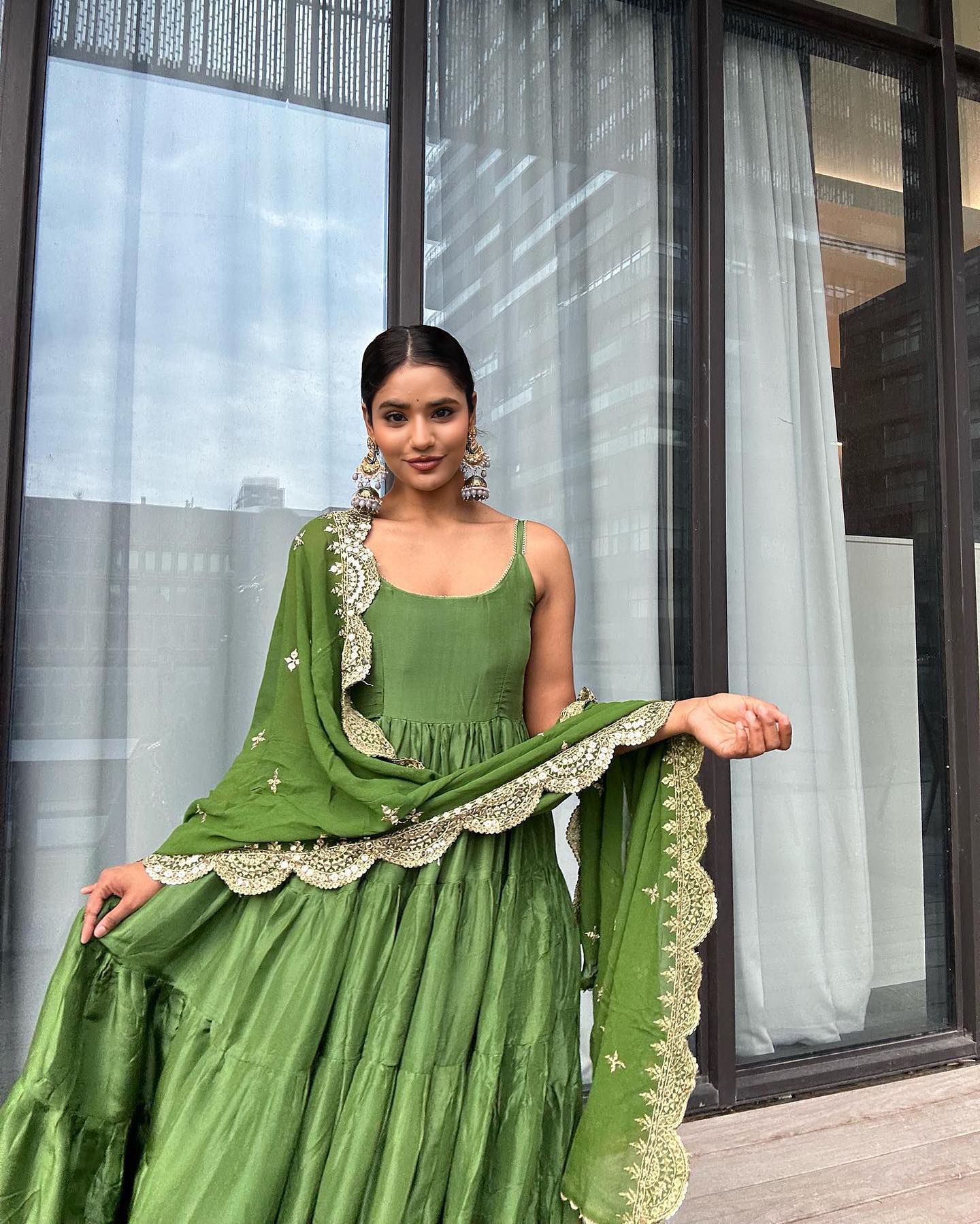 Emerald Elegance Green Anarkali Faux Georgette Ruffle Flair Gown Set