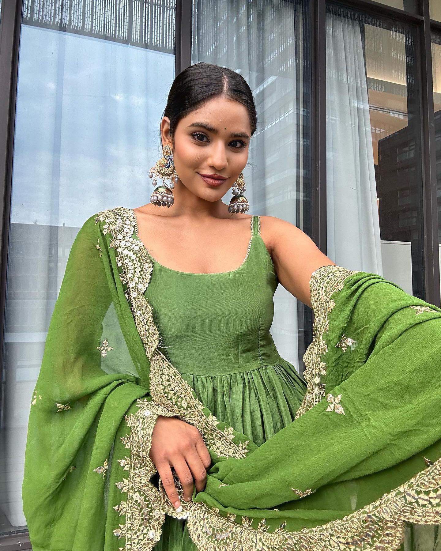 Emerald Elegance Green Anarkali Faux Georgette Ruffle Flair Gown Set