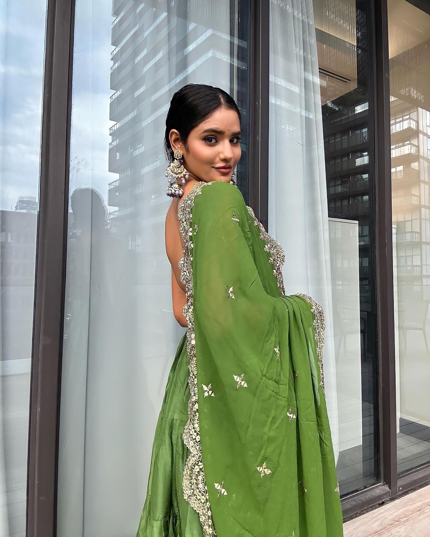 Emerald Elegance Green Anarkali Faux Georgette Ruffle Flair Gown Set