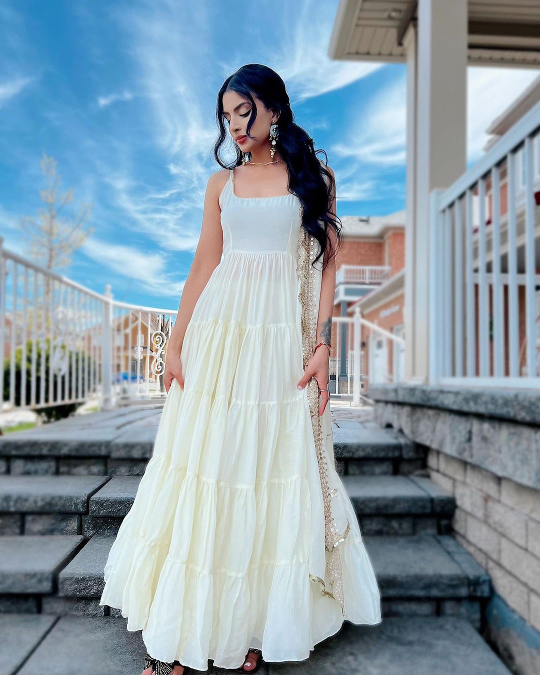 Devayani white georgette anarkali gown set
