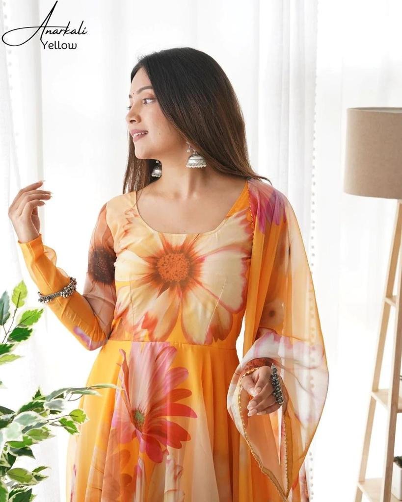  Vibrant orange georgette anarkali kurta set with dupatta