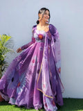Elegance purple floral georgette anarkali kurta set with dupatta
