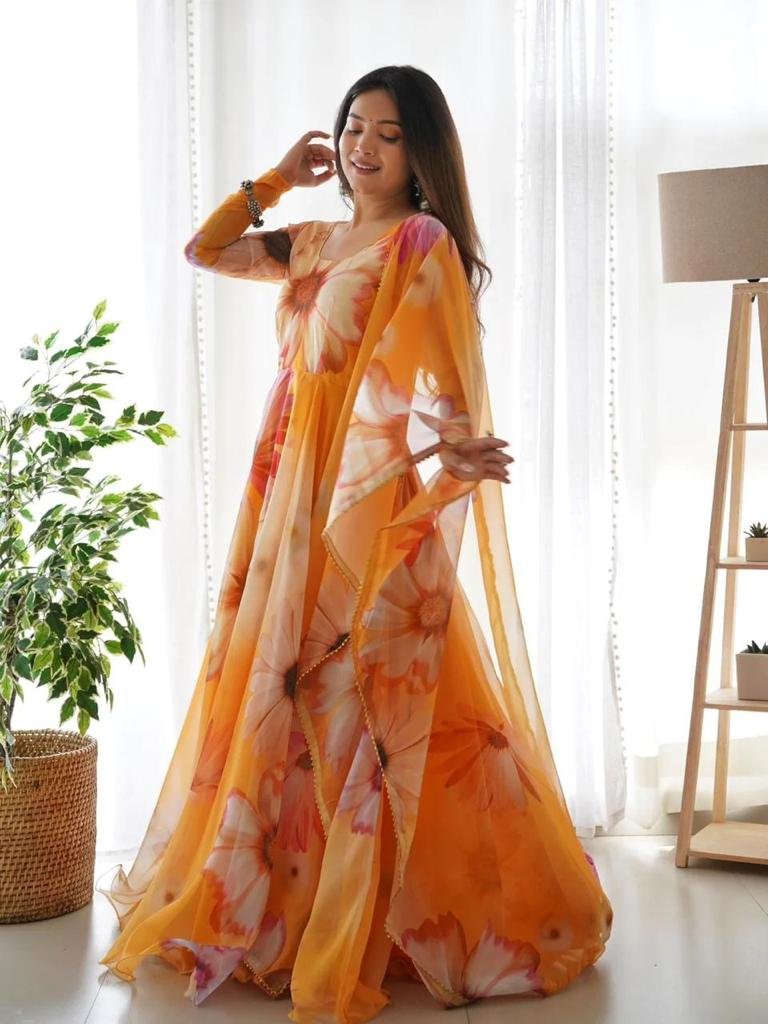  Vibrant orange georgette anarkali kurta set with dupatta