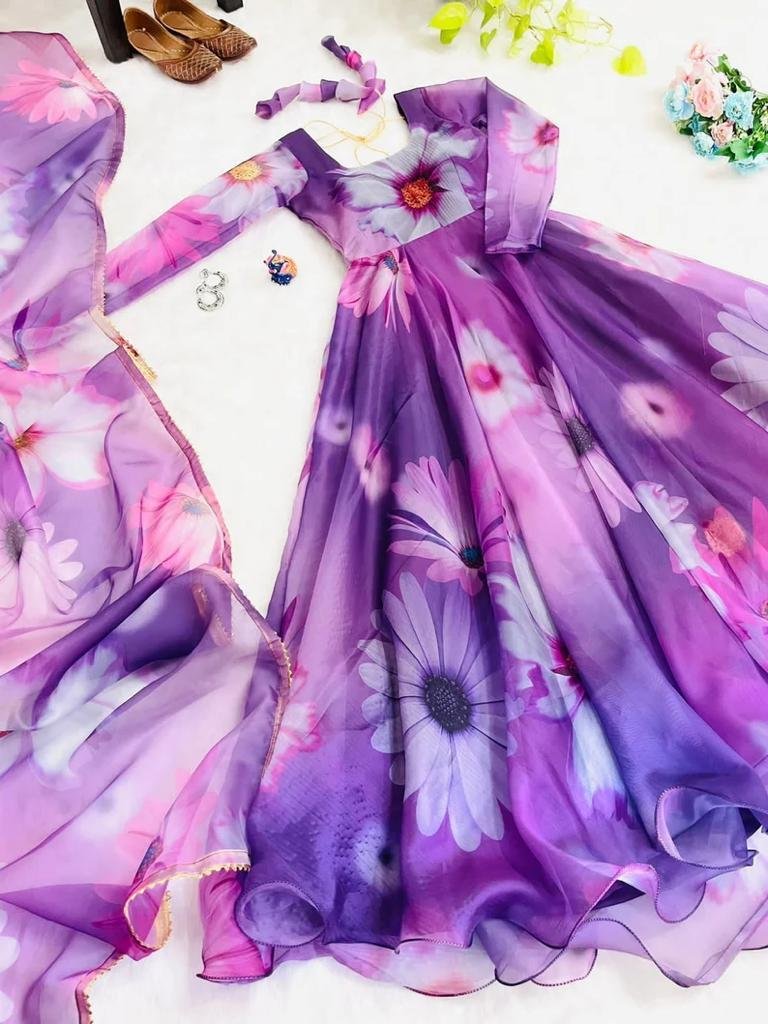 Elegance purple floral georgette anarkali kurta set with dupatta