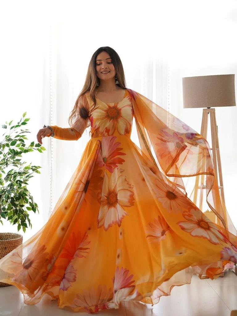  Vibrant orange georgette anarkali kurta set with dupatta