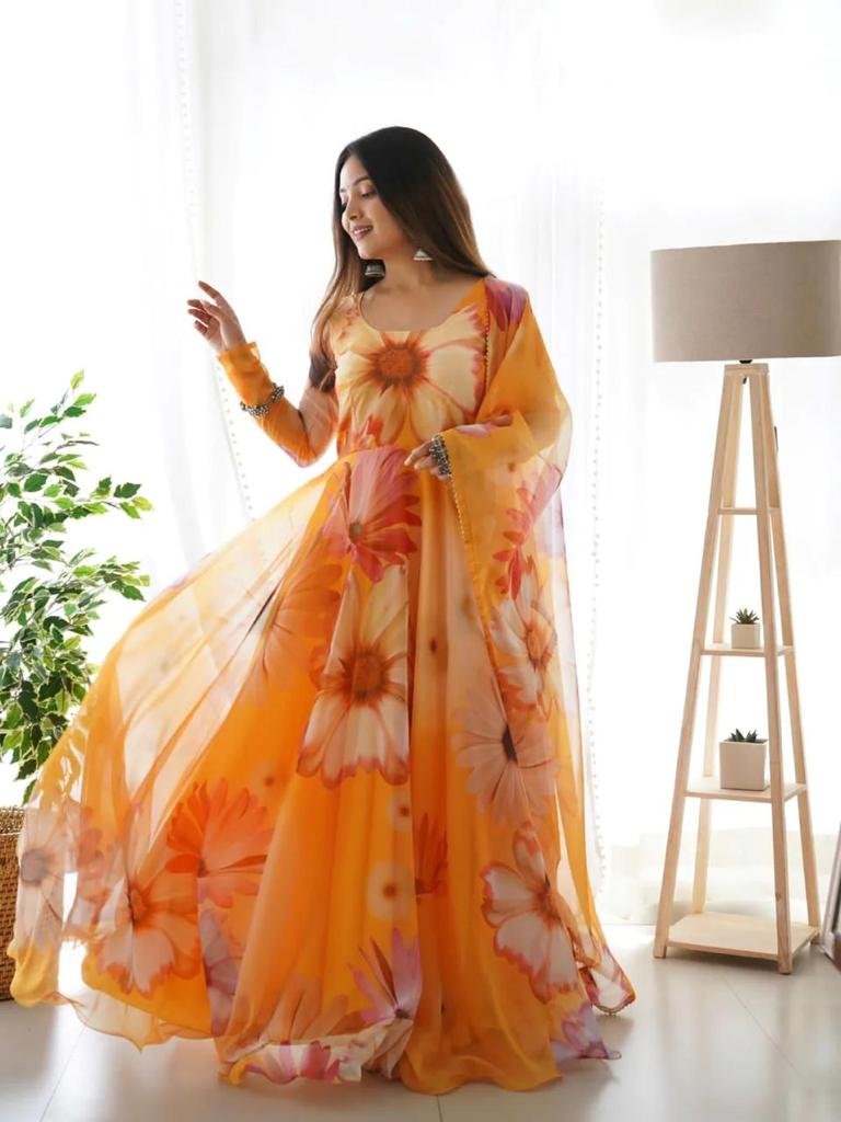 Vibrant orange georgette anarkali kurta set with dupatta