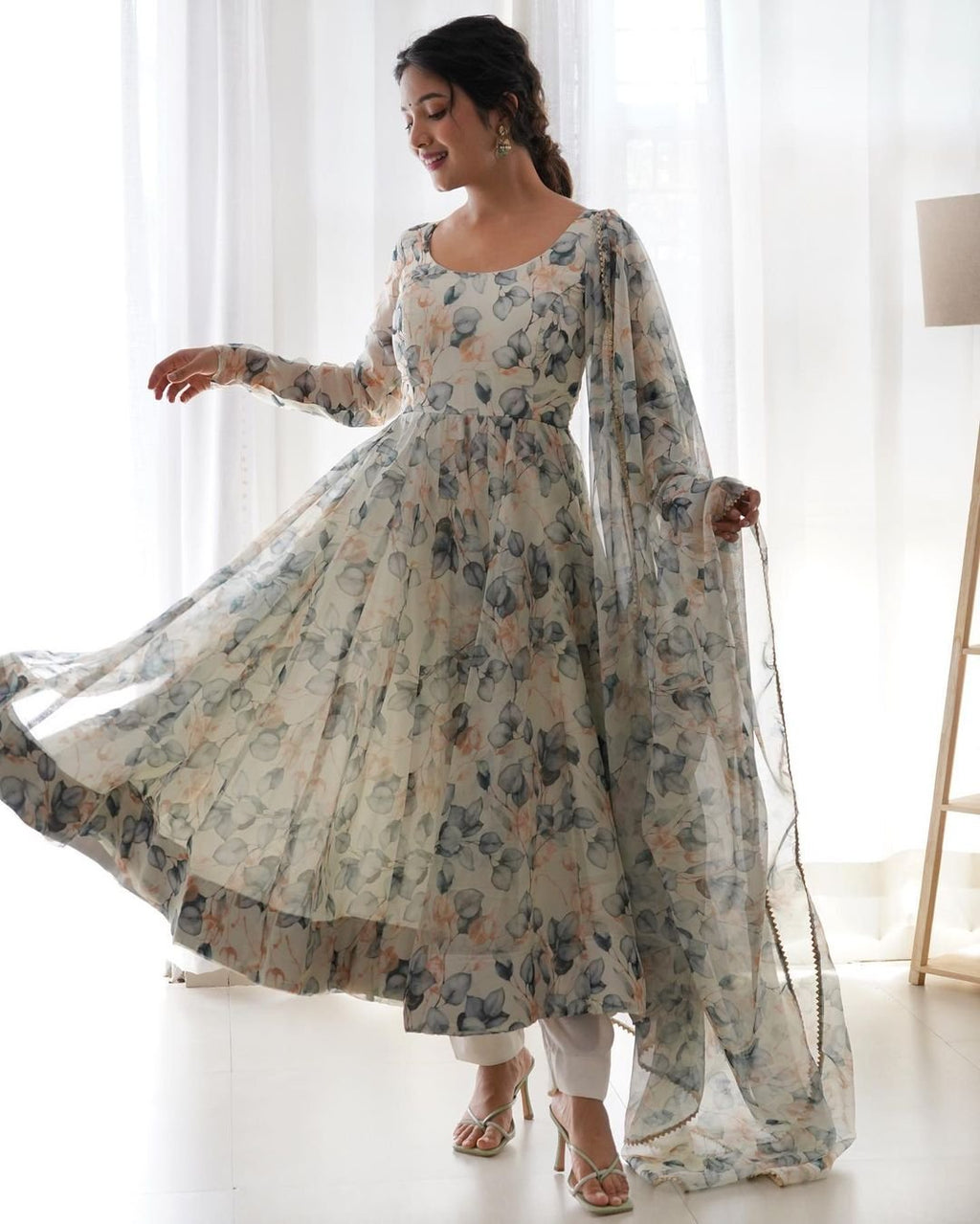 Mishika white organza flared anarkali suit set