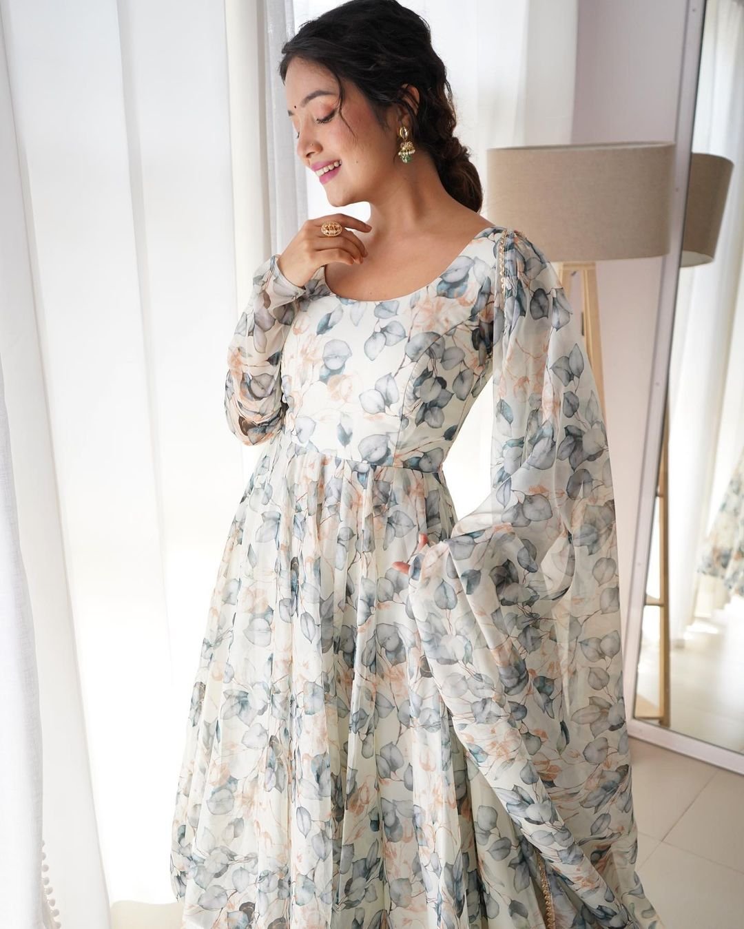 Mishika white organza flared anarkali suit set