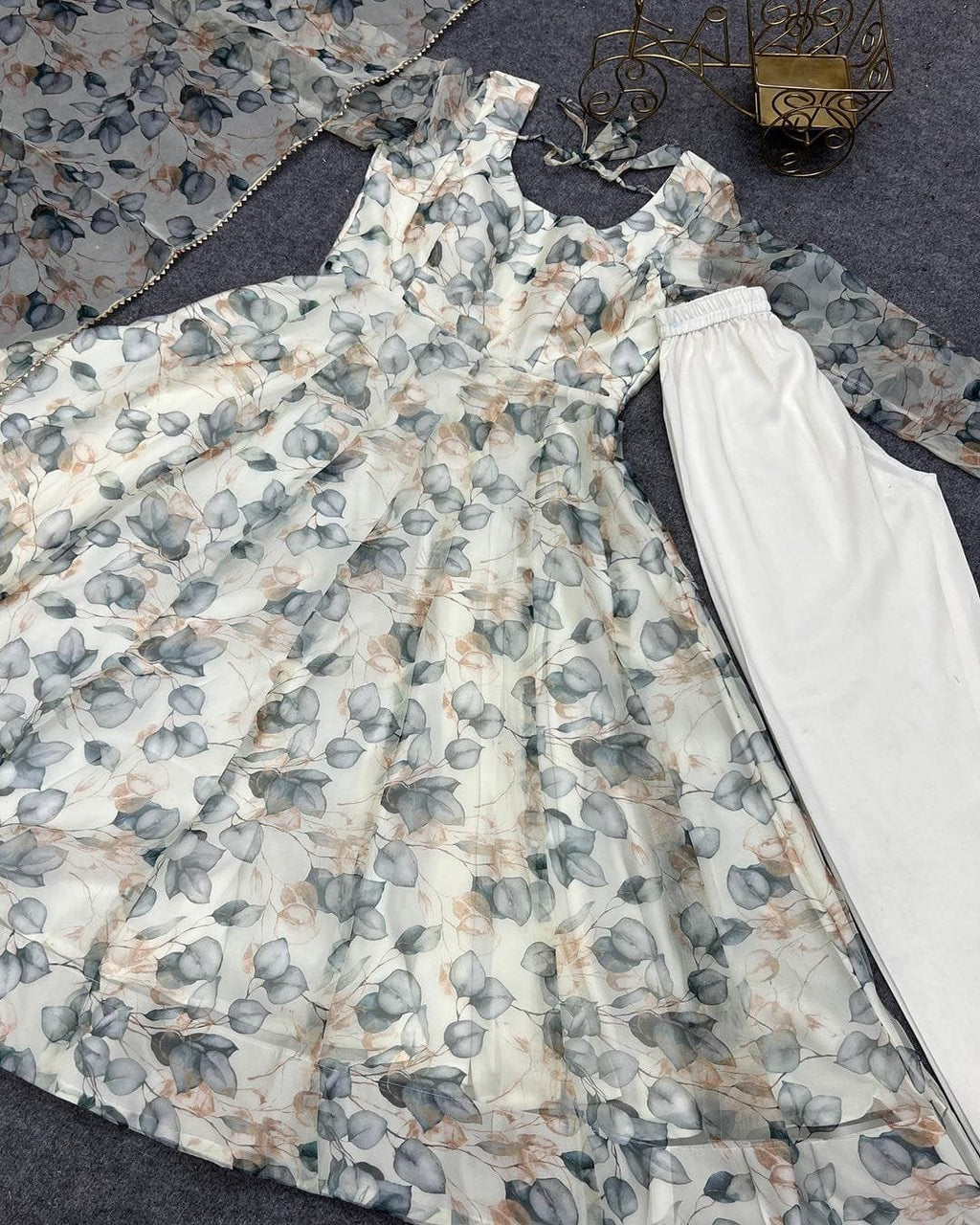 Mishika white organza flared anarkali suit set
