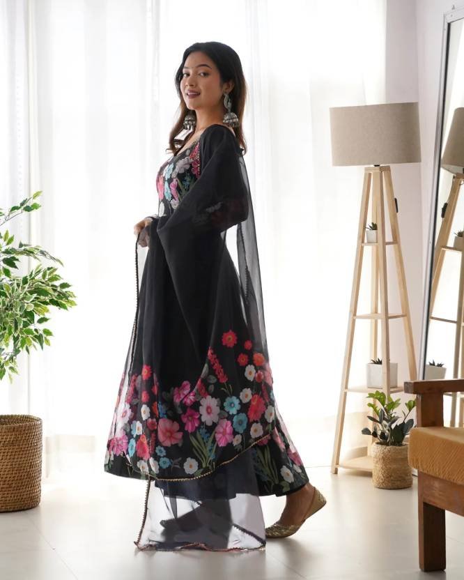 Darshika black organza floral printed anarkali suit set