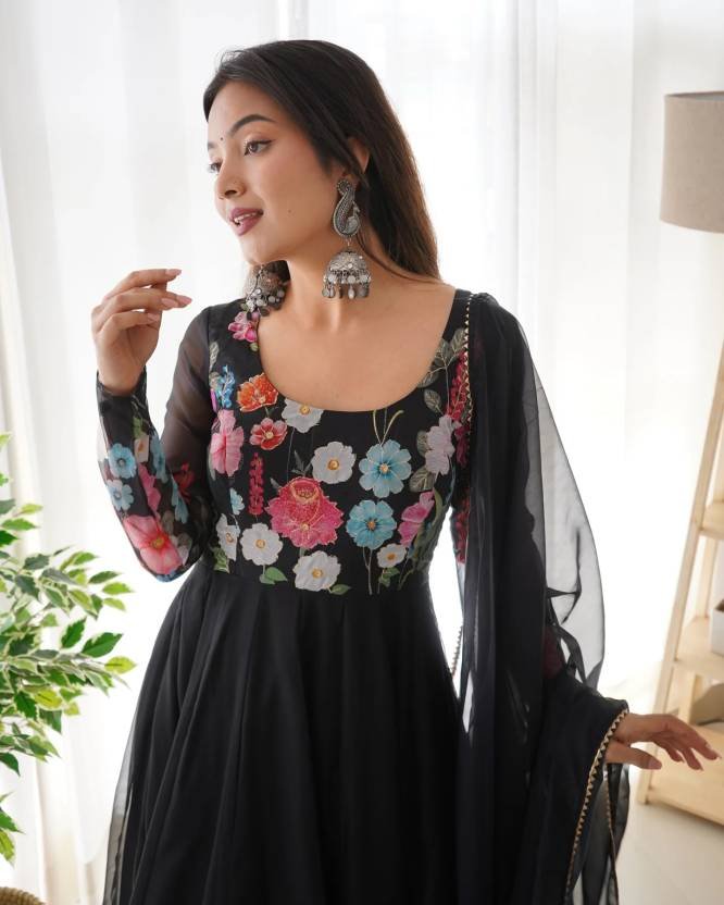 Darshika black organza floral printed anarkali suit set