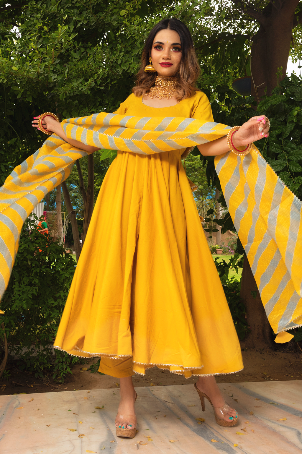 Sun kissed elegance yellow cotton anarkali set