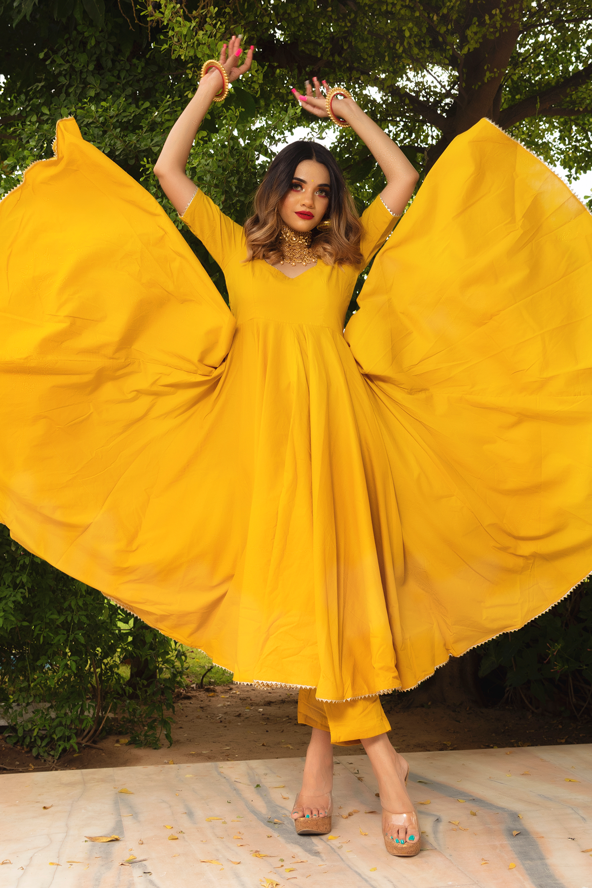 Sun kissed elegance yellow cotton anarkali set