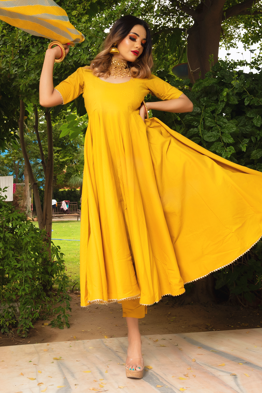 Sun kissed elegance yellow cotton anarkali set