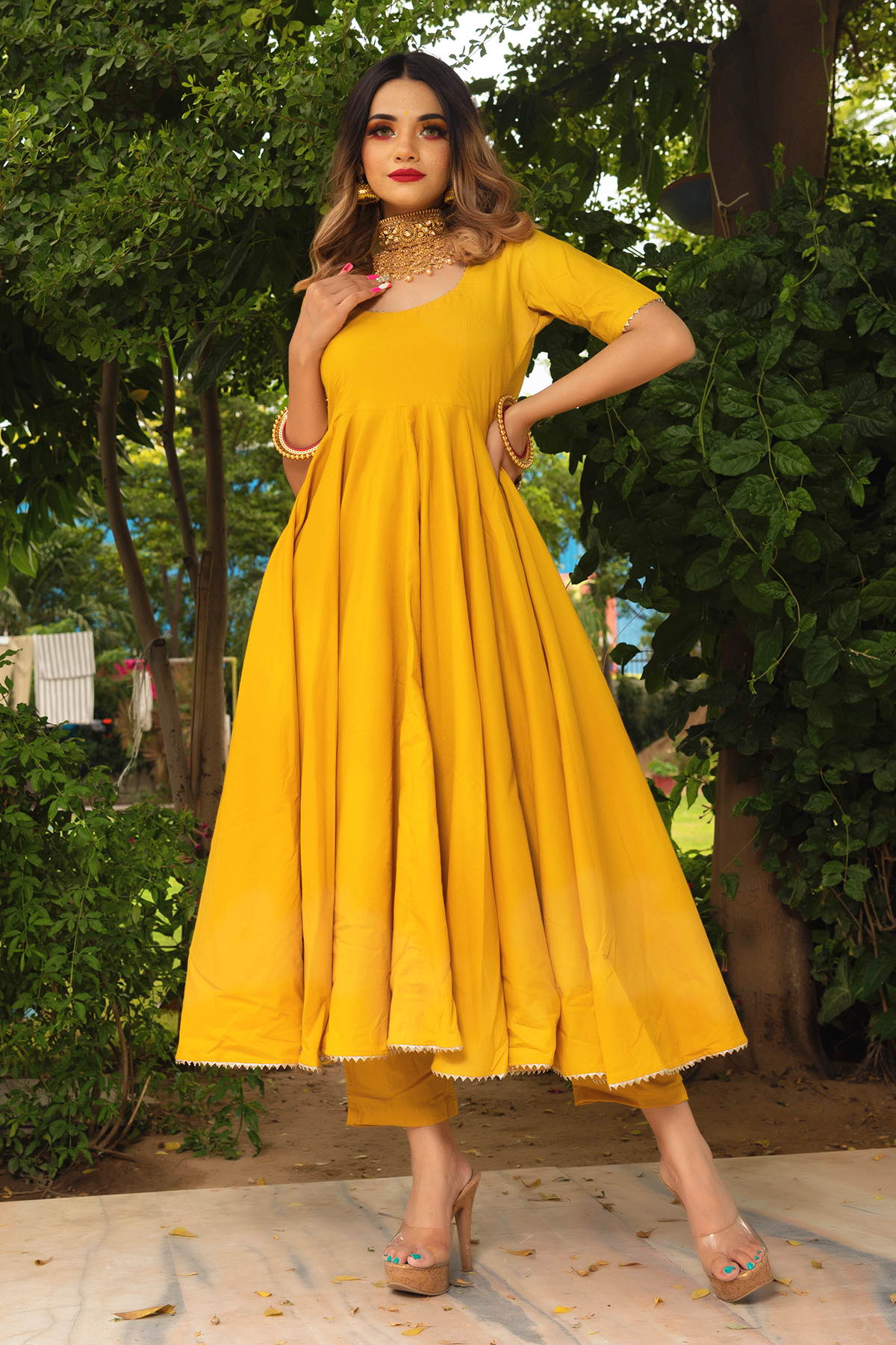 Sun kissed elegance yellow cotton anarkali set