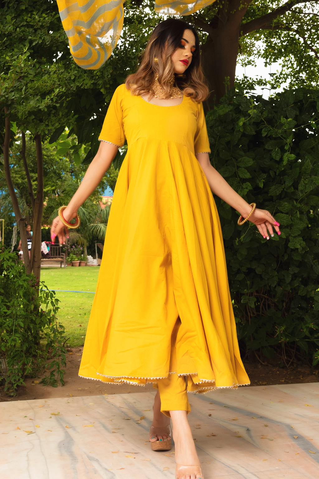 Sun kissed elegance yellow cotton anarkali set