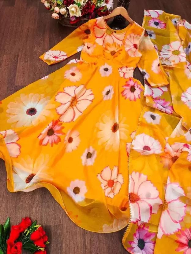 Vibrant orange georgette anarkali kurta set with dupatta